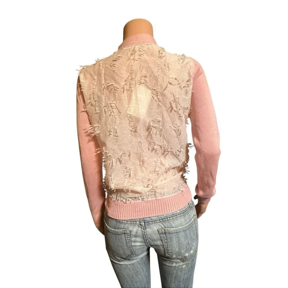 Julien David button-up long sleeve knit pink back fringe sweater S